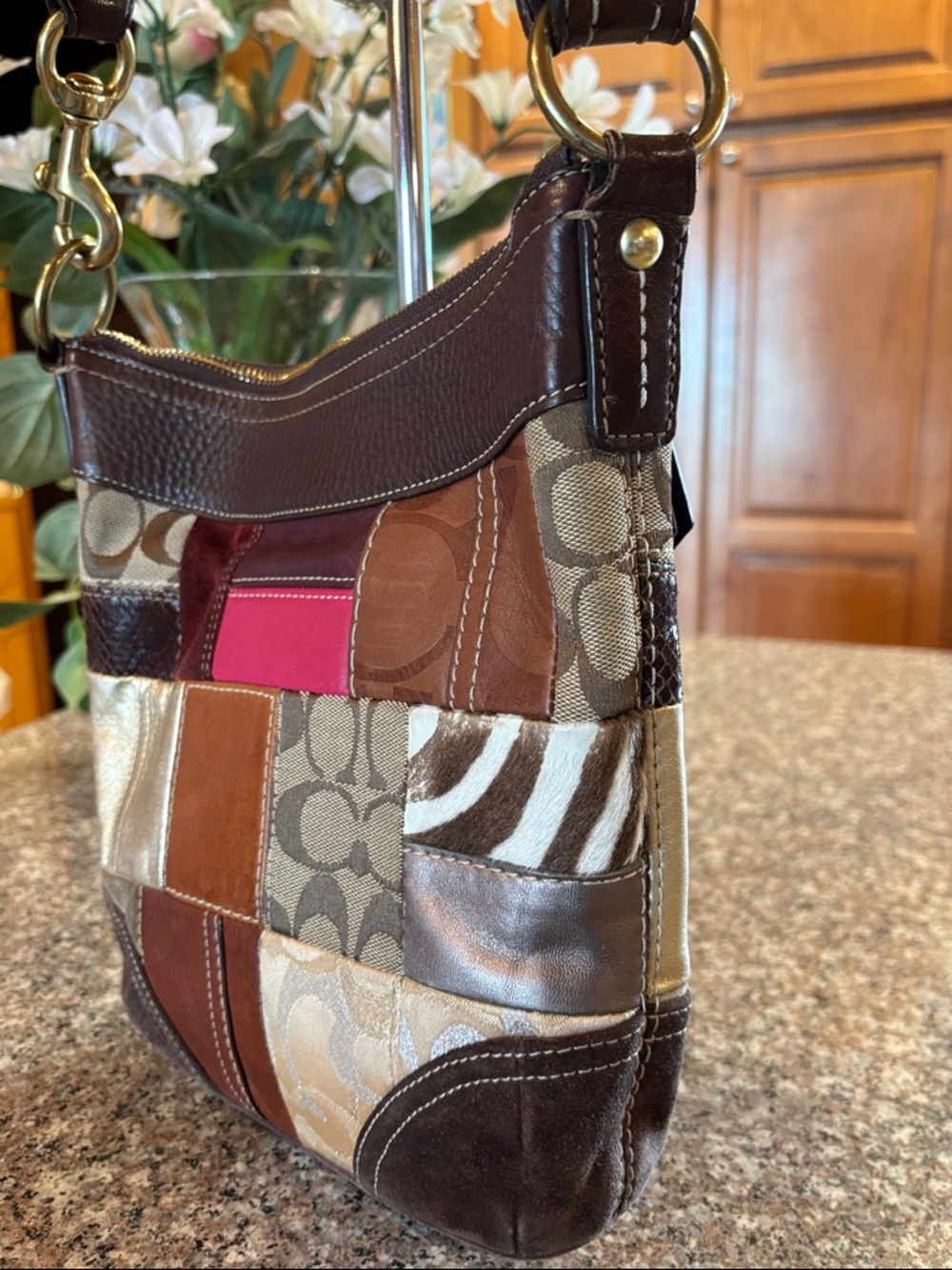 Coach Patchwork Shoulder or Crossbody Bag - Suede Brown, Tan, Metallic, Pink - Picture 7 of 16